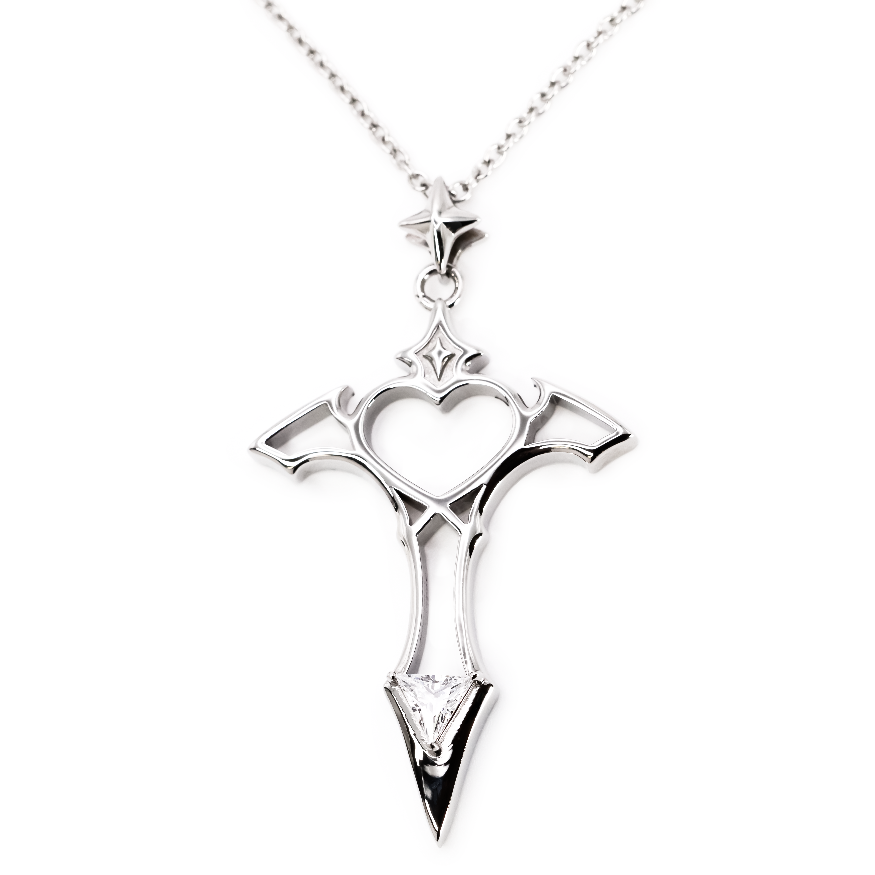 Lilith Necklace in polished stainless steel featuring a celestial gothic heart design with star details and crystal accent pendant on silver chain.