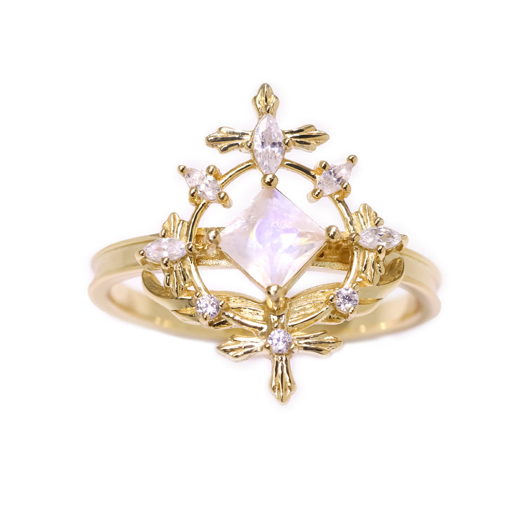BisouLovely 14kt gold-plated sterling silver ring with square moonstone center and marquise cut cubic zirconia accents in celestial-RPG gaming inspired design